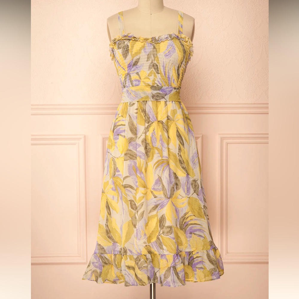 Saints + Secrets Anthropologie Ruffled Floral Yellow & Purple Dress Size XS NWOT